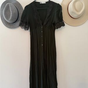 Zara Dark Green Lace Button-Down Dress